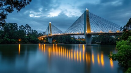 Obraz premium A lit cable stayed bridge stretches across a tranquil body of water