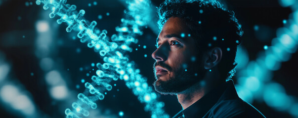 Researcher interacts with a digital double visualizing genetic data in a laboratory setting