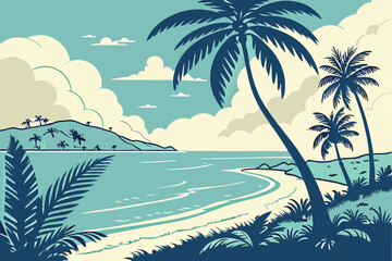 16 Tropical beach paradise, silhouetted palm trees, calm turquoise ocean, sandy shore, fluffy white clouds, bright blue sky, sunburst, tranquil island scenery, vector art style, minimalist landscape, 