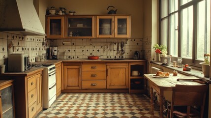 Fototapeta premium A vintage kitchen with wooden cabinets and checkered floor tiles