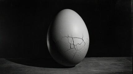 A monochrome egg with cracks displayed against a dark backdrop