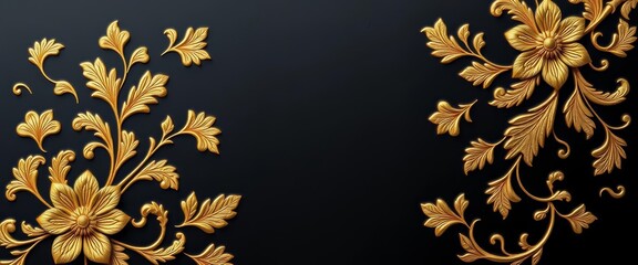 Intricate gold floral carvings on a black background, providing ample empty space, decoration,  black background