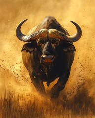 Majestic buffalo running through golden grassland.