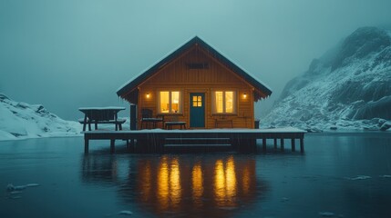 Fototapeta premium Cozy cabin on a frozen lake at night