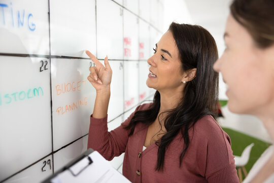 Setting new goal. Millennial businesswoman corporate employee analyst expert create strategic target discuss task offer milestone to female team leader colleague near marker wall with project timeline