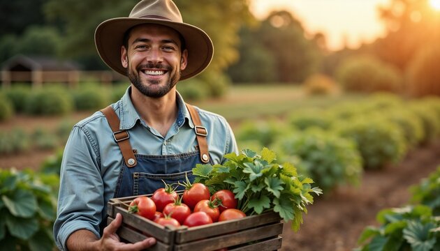 Happy farmer man proud holding fresh carrots against a sunlit garden background