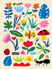 hand drawn flowers, insects, plants doodle colorful with kids style pattern collection