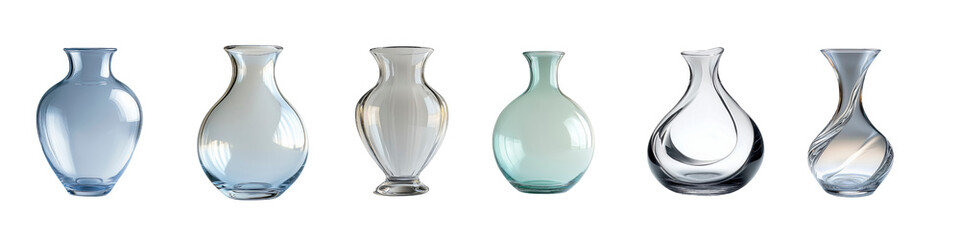 Set of six elegant transparent glass vases in different shapes on white background.