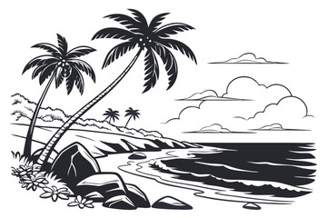 20 Black and white silhouette, tropical beach scene, palm trees, surfer holding surfboard, ocean waves, flying birds, sunset atmosphere, minimalist design, high contrast, serene landscape, coastal vib