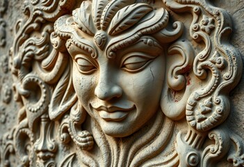Intricate stone carving, weathered texture, facial details, antique, close-up