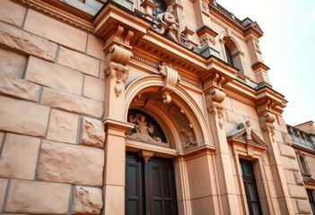 Intricate stone facade, weathered details, classical carvings, empty space,  architectural detail,  aged stone