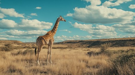 Fototapeta premium Giraffe Standing in Savannah: A tall giraffe confidently surveys its environment in a vast savannah, under a bright blue sky dotted with fluffy clouds, depicting freedom and exploration.