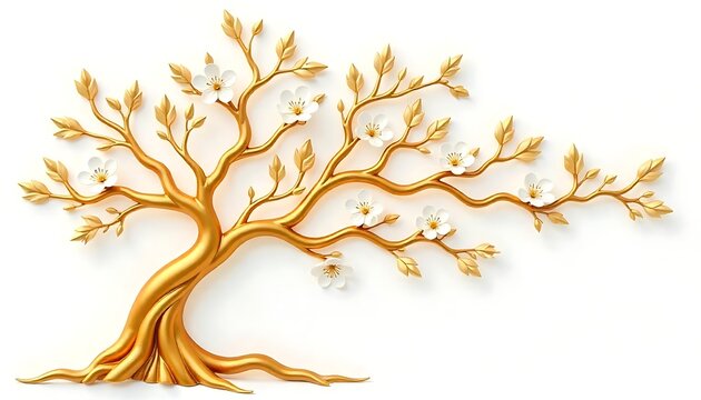 Elegant gold tree white flowers decorative design high quality 4k photo