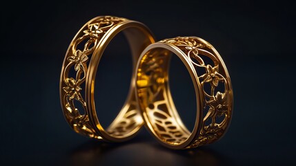 Elegant Gold Wedding Rings Detailed Floral Design Luxurious Jewelry Romantic Couple Rings Precious Metal Intricate Filigree Pattern High Resolution Image Perfect for Advertising or