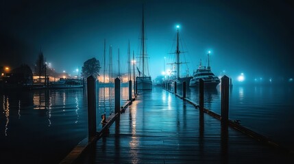 Fototapeta premium Boats Docked At A Pier Reflected In Calm Evening Waters