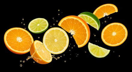 Mixed citrus fruit slices (orange, lemon, lime) in mid-air, with detailed pulp, rind, and subtle shadows, isolated on black

