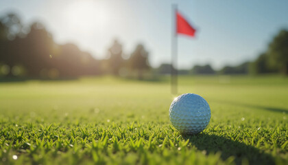  White golf ball resting on lush putting green near red flag in sunlight 