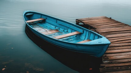 Obraz premium A blue wooden boat floats beside a weathered wooden dock