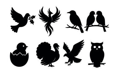 Obraz premium Holiday bird silhouettes icons set – dove, phoenix, raven, lovebirds, chick, turkey, eagle, owl. Vector icons set