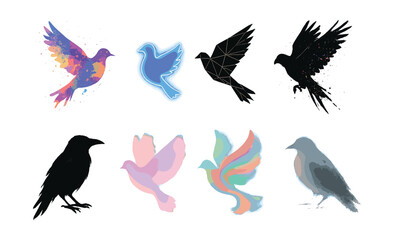 Fototapeta premium Artistic bird silhouettes icons set – cosmos, neon, geometric, artistic, grunge, silhouette, abstract. Vector icons set