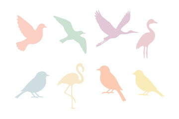 Naklejka premium Pastel bird silhouettes icons set – sparrow, flamingo, heron, dove, seagull in soft hues. Vector icons set