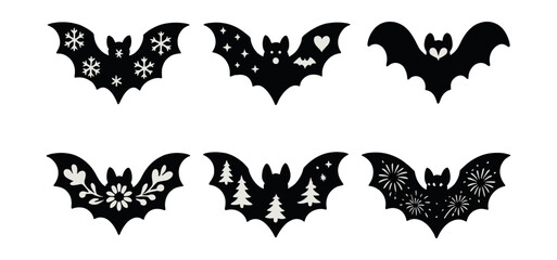 Halloween bat silhouettes icon set – snowflakes, stars, hearts, flowers, trees, fireworks. Vector icons set