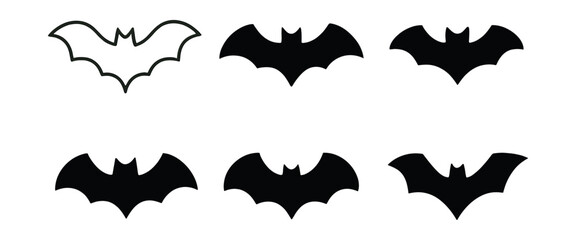 Minimalist bat silhouettes set – wings, flight, night, halloween, gothic. Vector icons set