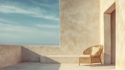 A minimalist outdoor scene featuring a woven chair and sky