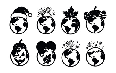 Naklejka premium Festive earth icons set – santa hat, fireworks, leaf, butterfly, egg, pumpkin, heart, stars. Vector icons set