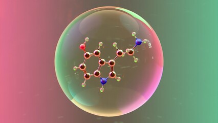 Highly detailed molecular structure of Serotonin molecule with visible atomic bonds and color-coded atoms on blurred scientific background, conceptual 3D render 