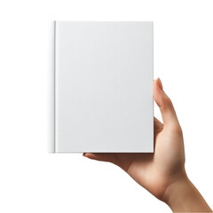 A hand holds a blank white book cover mockup design template