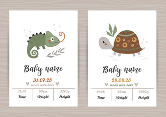 Vector set of invitation templates with cute turtle and chameleon. Please include your name, date of birth, height, length and time of birth.