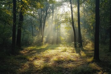 Obraz premium Serene forest bathed trees filtering sunlight.