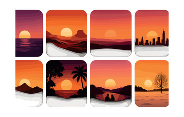 Silhouette sunset icons set – ocean, mountains, cityscape, palm tree, couple, dusk. Vector icons set