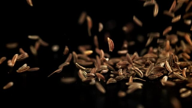 Cumin seeds fall on the table. Filmed on a high-speed camera at 1000 fps. High quality FullHD footage
