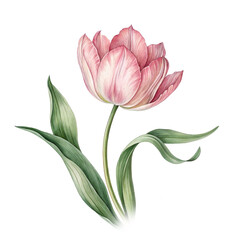 Fototapeta premium Watercolor Darwin Tulip: Elegant Pink Flower Illustration with Green Leaves