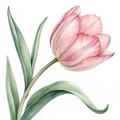 Fototapeta premium Watercolor Darwin Tulip: Elegant Pink Flower Illustration with Green Leaves