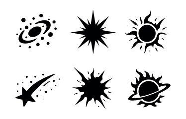 Obraz premium Cosmic silhouette icons set – galaxy, sunburst, meteor, orbit, explosion, solar flare. Vector icons set