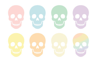 Pastel skull silhouette icons set – pink, blue, green, yellow, orange, minimalist, soft, glow. Vector icons set