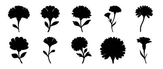 Silhouetted Flower Collection in Black, Showing Botanical Diversity and Floral Elegance