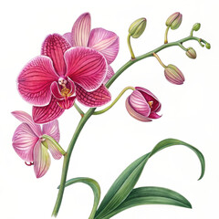 Elegant Orchid Blossom: Detailed Botanical Illustration of a Vibrant Pink Cymbidium, Symbolizing Beauty, Luxury, and Exotic Flora.