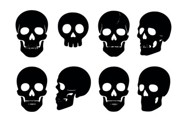 Fototapeta premium Diverse skull silhouettes icons set – classic, modern, side view, simple, detailed designs. Vector icons set