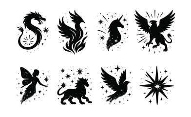 Obraz premium Legendary creature silhouette icons set – dragon, phoenix, unicorn, griffin, fairy, chimera, dove. Vector icons set