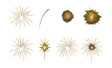 Golden fireworks icons set – celebration, burst, sparkle, festive, light, explosion, radiant, shine, bright. Vector icons set