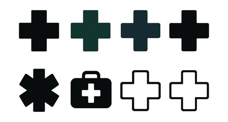 Obraz premium Medical cross icons set – crosses, firstaid, health, emergency, aidkit, star, medicine. Vector icons set