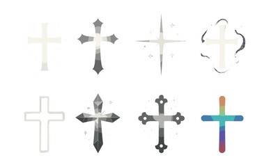 Enchanted cross icons set – glowing designs, spiritual, radiant, starry, ethereal, mystical. Vector icons set