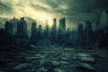 Ruined city, apocalyptic scene, overcast sky, broken buildings, debris