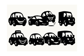 Cartoon car silhouettes icon set – taxi, sports, sedan, truck, van, happy, cute, playful. Vector icons set