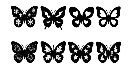 Festive butterfly silhouettes icons set – snowflakes, hearts, stars, trees. Vector icons set