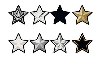 Obraz premium Elegant luxury stars icon set – diamond, marble, black, gold, silver, metallic, patterned, textured. Vector icons set